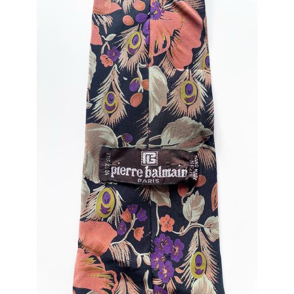 Vintage Floral and Peacock Feather Pierre Balmain Paris Silk Neck Tie - Picture 3 of 4